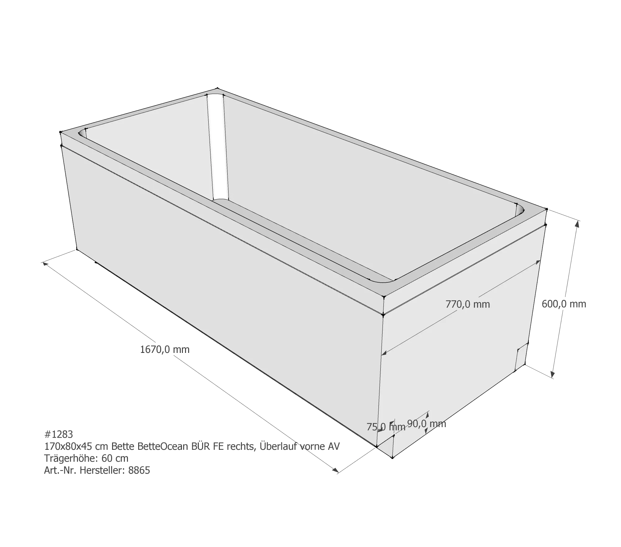Badewannenträger für Bette Ocean 170 × 80 × 45 cm