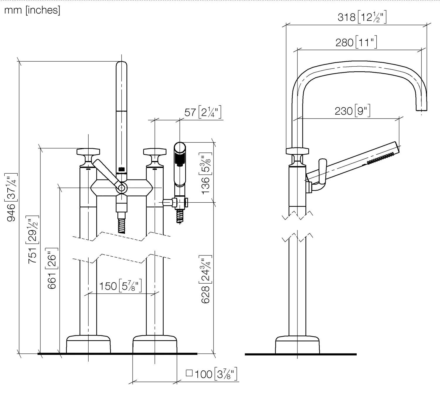 Dornbracht COYA Wannen-Zweilochbatterie Chrom, freistehende Montage, Ausladung 280 mm, Höhe 946 mm, Schubrosetten Ø 100 mm Dornbracht COYA Wannen-Zweilochbatterie Chrom, freistehende Montage, Ausladung 280 mm, Höhe 946 mm, Schubrosetten Ø 100 mm