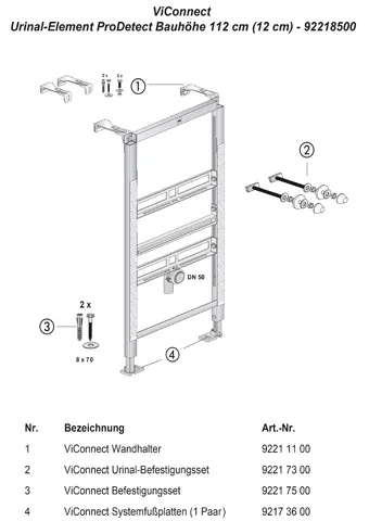 Urinal-Vorwandelement für ProDetect ViConnect Installationssysteme 922185, 525 x 1120 x 80 mm, für Trockenbau