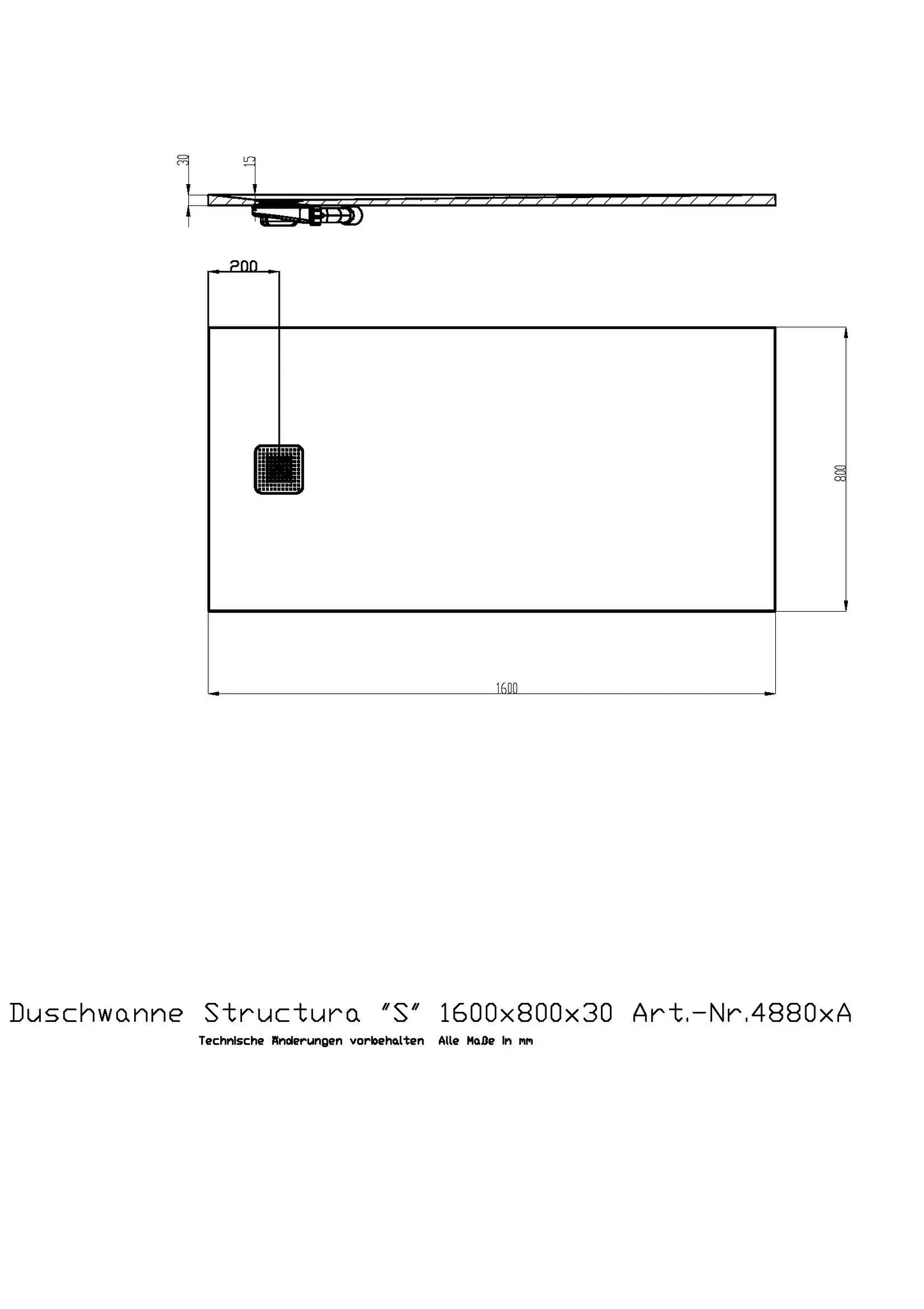 Duschwanne Structura ″S″ 1600x800x30 in gesoftete Schieferoptik, mit Antirutsch B, Material Solique, Weiß