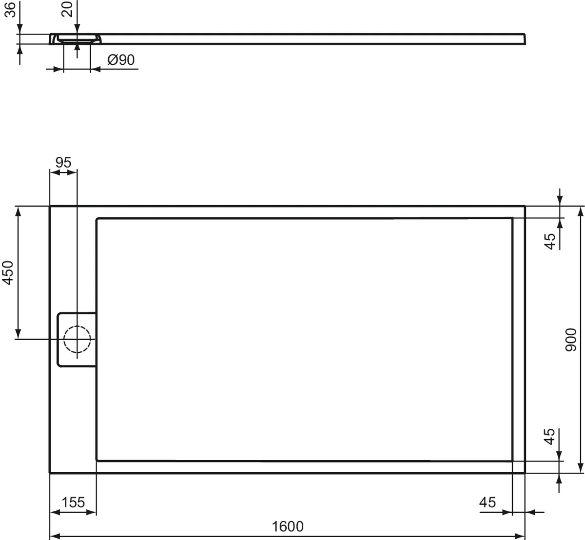 Ideal Standard Duschwanne „UltraFlatSi.life“ 90 × 160 cm in Quarzgrau