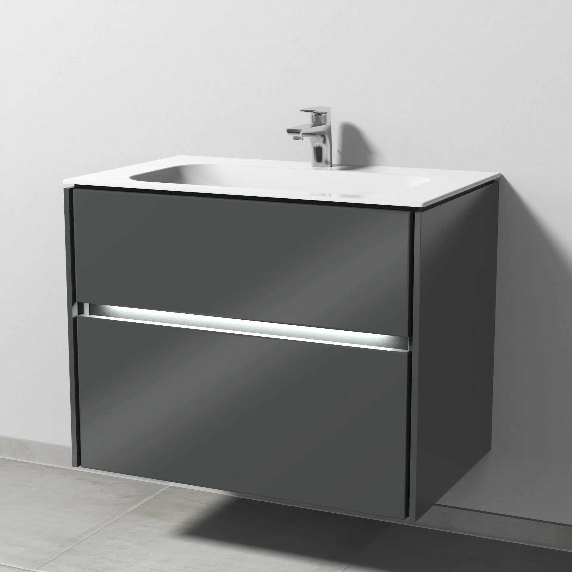 Keramik-Waschtisch-Set mit Waschtischunterschrank „Twiga“ 79 × 50 × 61 cm in Anthrazit (glanz), mit Hahnlochbohrung, mit Beleuchtung Keramik-Waschtisch-Set mit Waschtischunterschrank „Twiga“ 79 × 50 × 61 cm in Anthrazit (glanz), mit Hahnlochbohrung, mit Beleuchtung