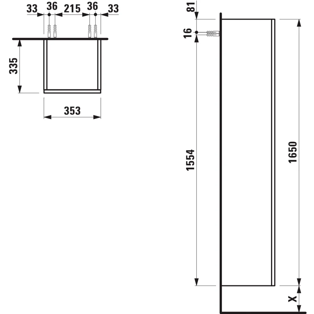 Hochschrank JUNA 335x353x1650 1Tür Scharnier links mit 4 Ablage mit Griffmulde weiß matt