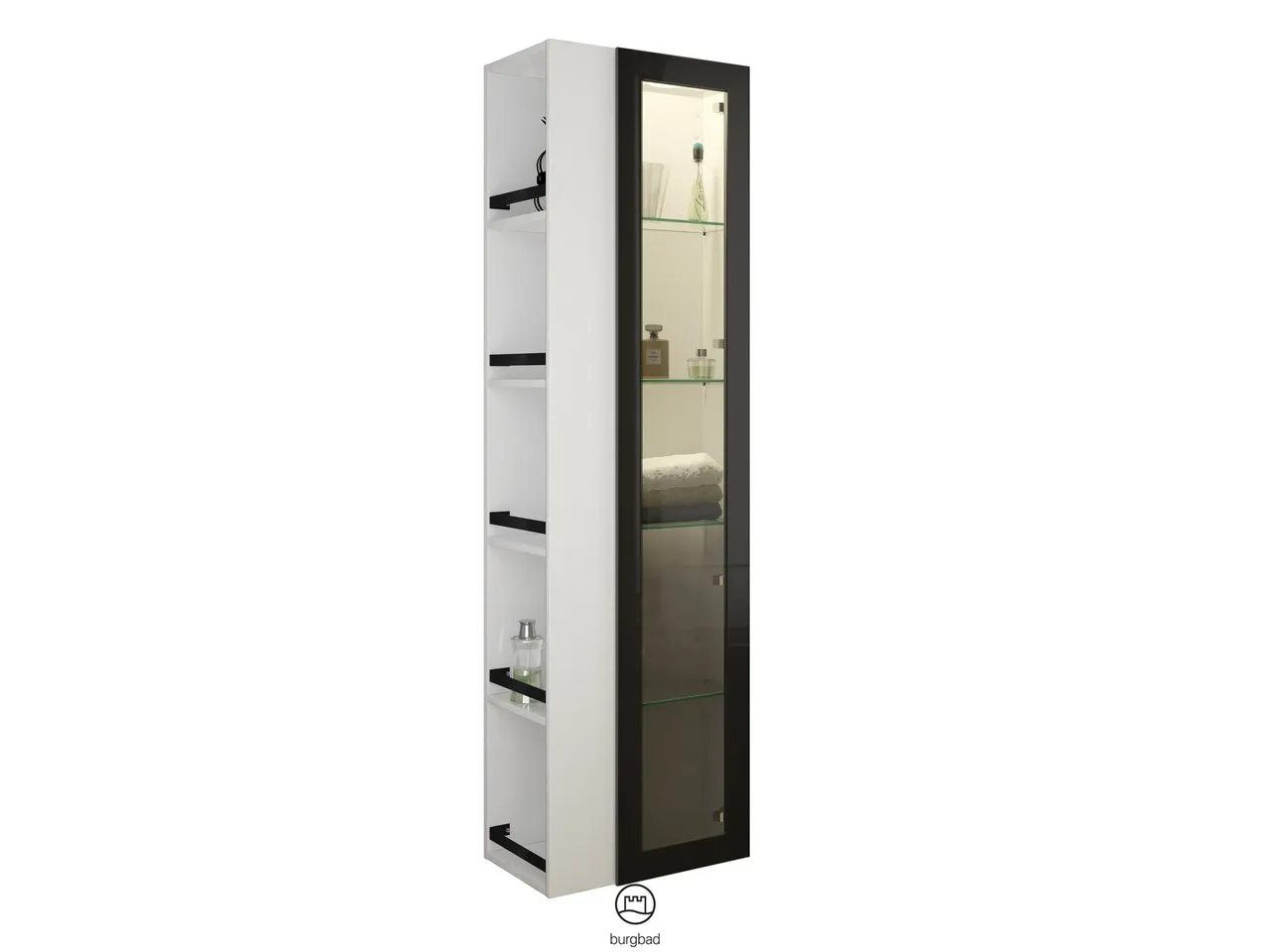 Hochschrank, 1 Alurahmentür mit Rauchglaseinsatz in Bronze;4 Glaseinlegeböden;LED-Innenbeleuchtung, 5 W, 4000 K;Energieeffizienzklasse F;für Raumschaltung;offenes Regal mit 4 Einlegeböden;IP20, Tiefe: 320 mm, Breite: 500 mm, Höhe: 1760 mm