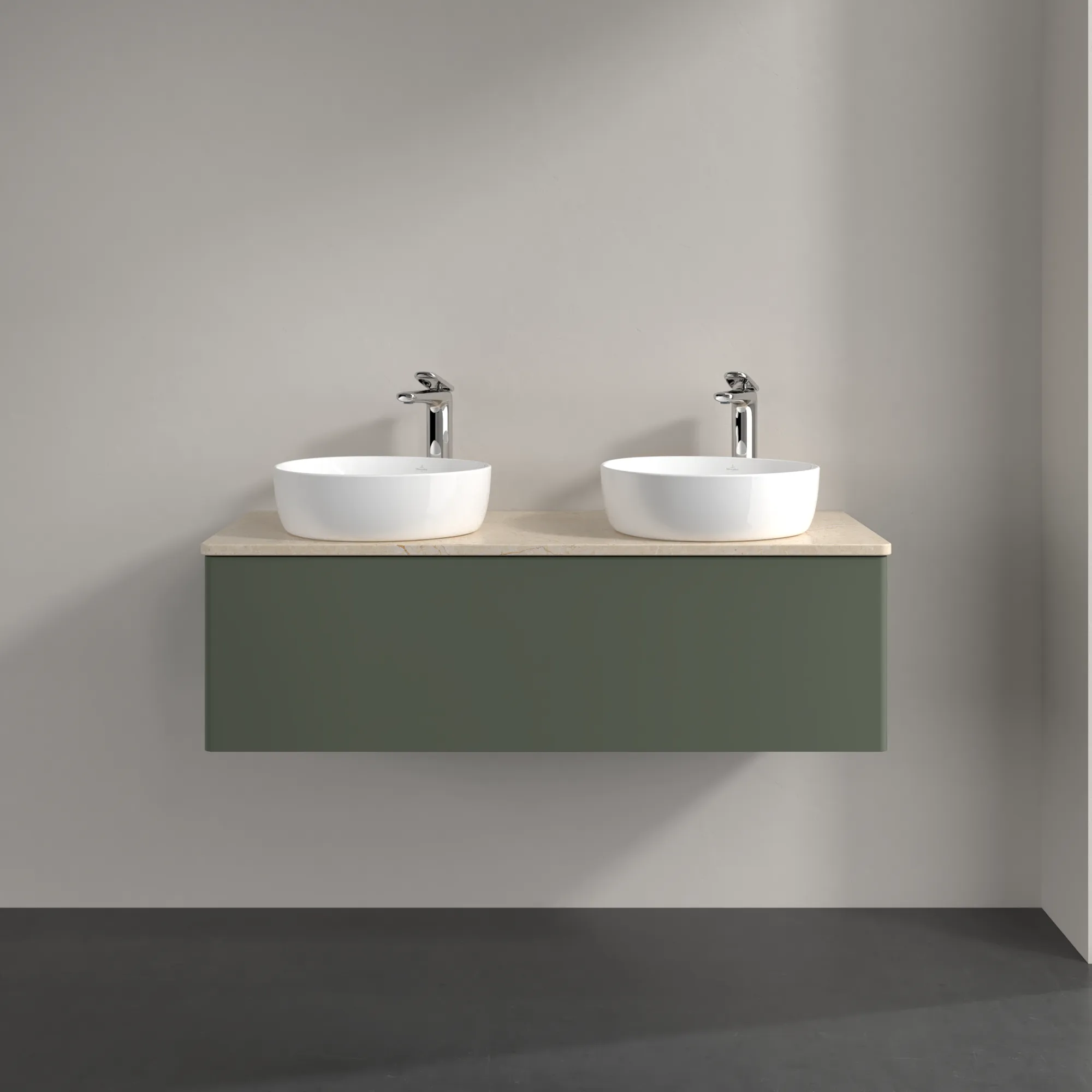 Villeroy & Boch Waschtischunterschrank „Antao“ 1200 × 360 × 500 mm Leaf Green Matt Lacquer, für links und rechts, ohne Beleuchtung Villeroy & Boch Waschtischunterschrank „Antao“ 1200 × 360 × 500 mm Leaf Green Matt Lacquer, für links und rechts, ohne Beleuchtung