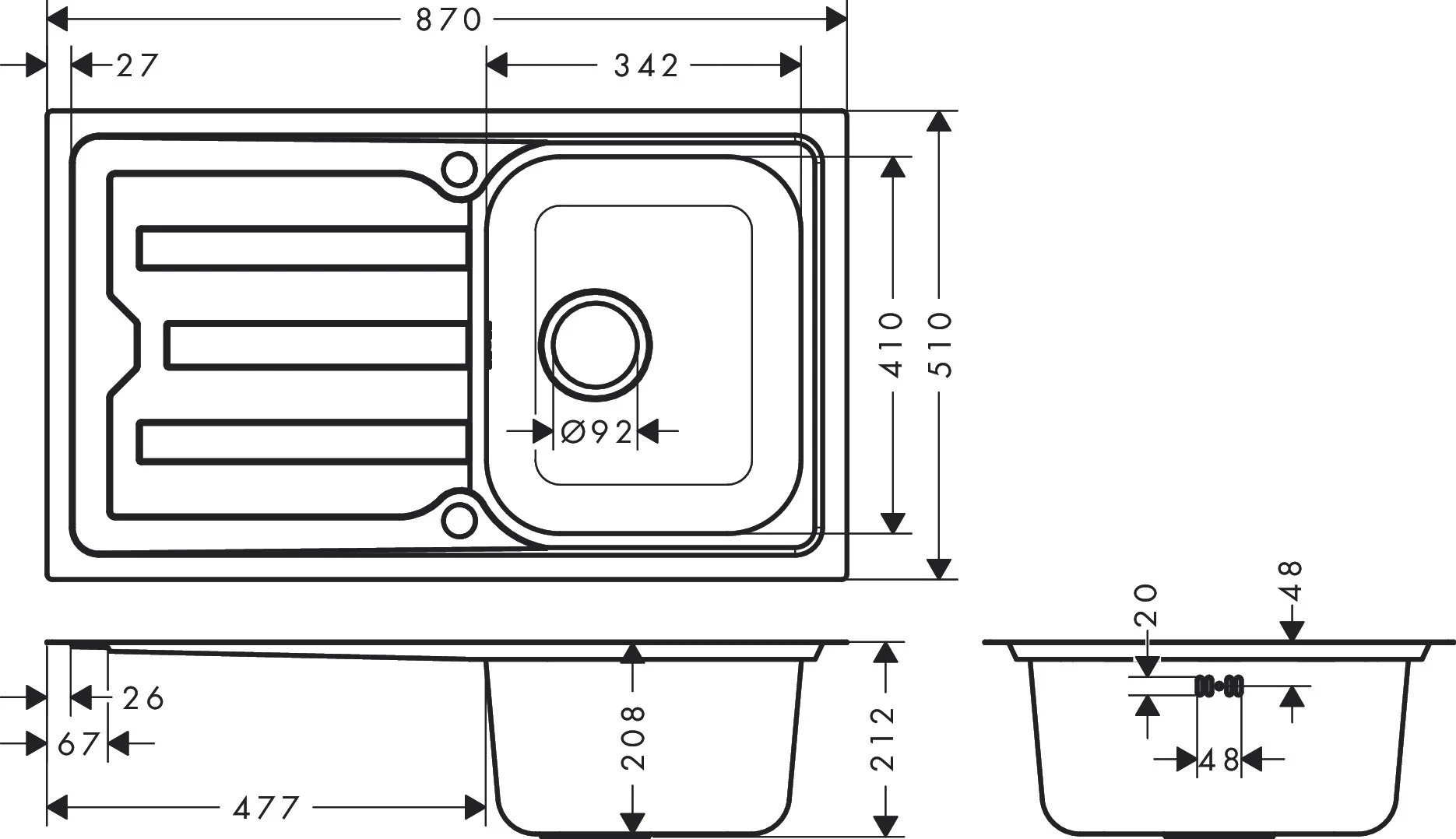 Hansgrohe Einbauspüle S44 Edelstahl, 850 x 490 mm, reversibel, flächenbündig, Beckentiefe 210 mm