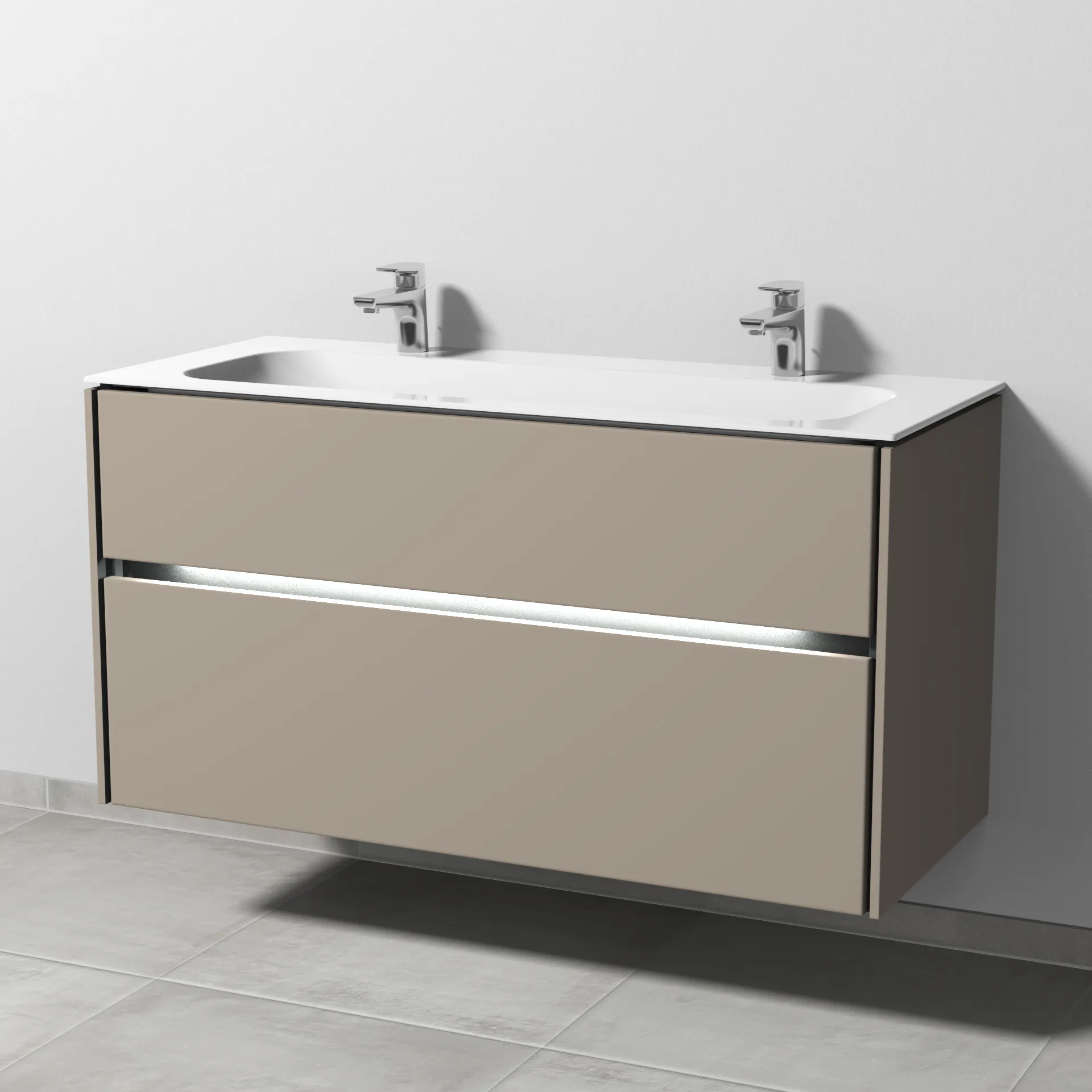 Keramik-Waschtisch-Set mit Waschtischunterschrank „Twiga“ 119 × 50 × 61 cm in Sandgrau (matt), mit Hahnlochbohrung, mit Beleuchtung