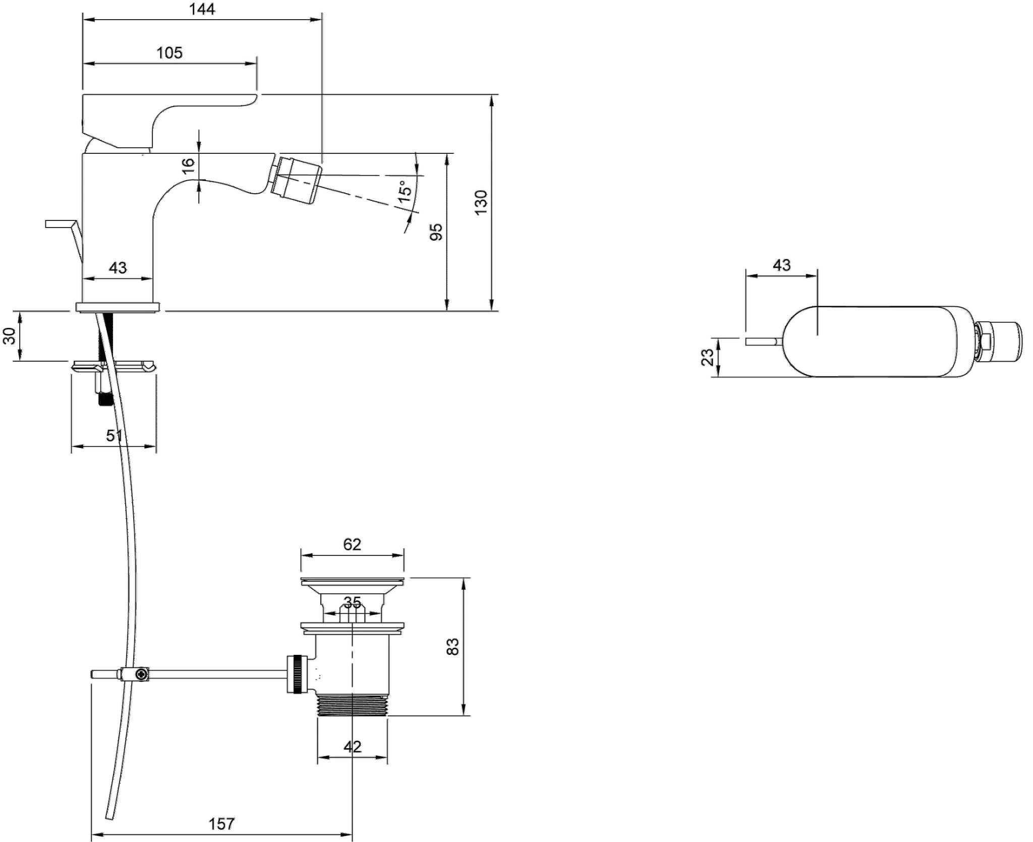 Einhebel-Bidetarmatur O.novo T104201110, 43 x 130 x 144 mm, Chrom Einhebel-Bidetarmatur O.novo T104201110, 43 x 130 x 144 mm, Chrom