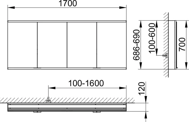 Royal Modular 2.0 800401170000500 Spiegelschrank unbeleuchtet Wandvorbau, 2 Steckd./2 USB 1700 × 700 × 120 mm silber-eloxiert