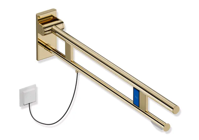 Stützklappgriff Duo, Design A des Systems 900, Edelstahl, PVD, Ausladung 900 mm, mit WC-Papierhalter und Spülauslösung (E-Ausführung), Ausführung links, in Farbe CK (Messing glänzend)