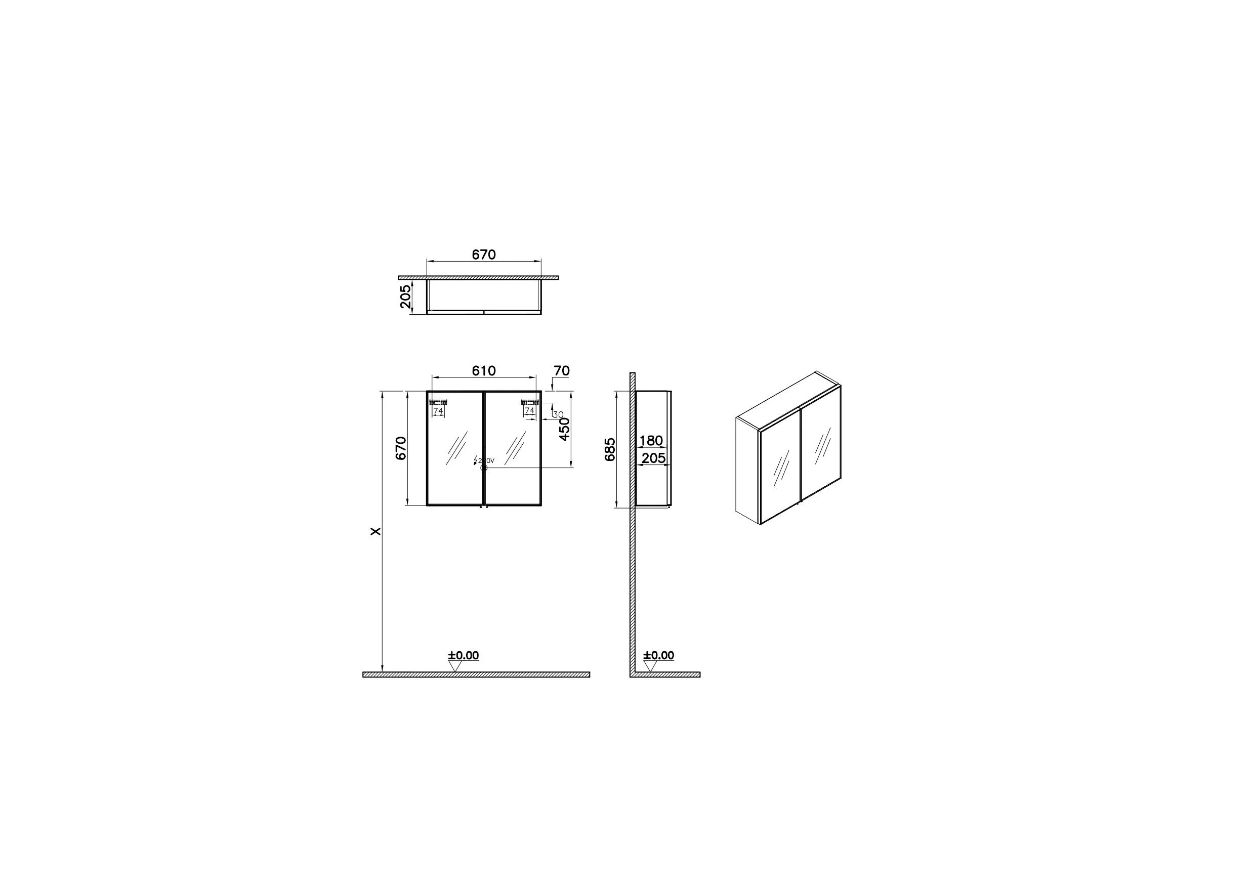 VitrA New Metropole Edge LED-Oberschrank, 67 x 20,5 x 67 cm, Wandmontage, 2 Glastüren mit Softclose, Aluminiumrahmen, Edelstahlgriffe schwarz matt, Eiche Schwarz Furnier
