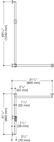 Duschhdl.,d:32/32,re,A1=1250mm, W1/2=800mm, plvb weiß tiefmatt/wem