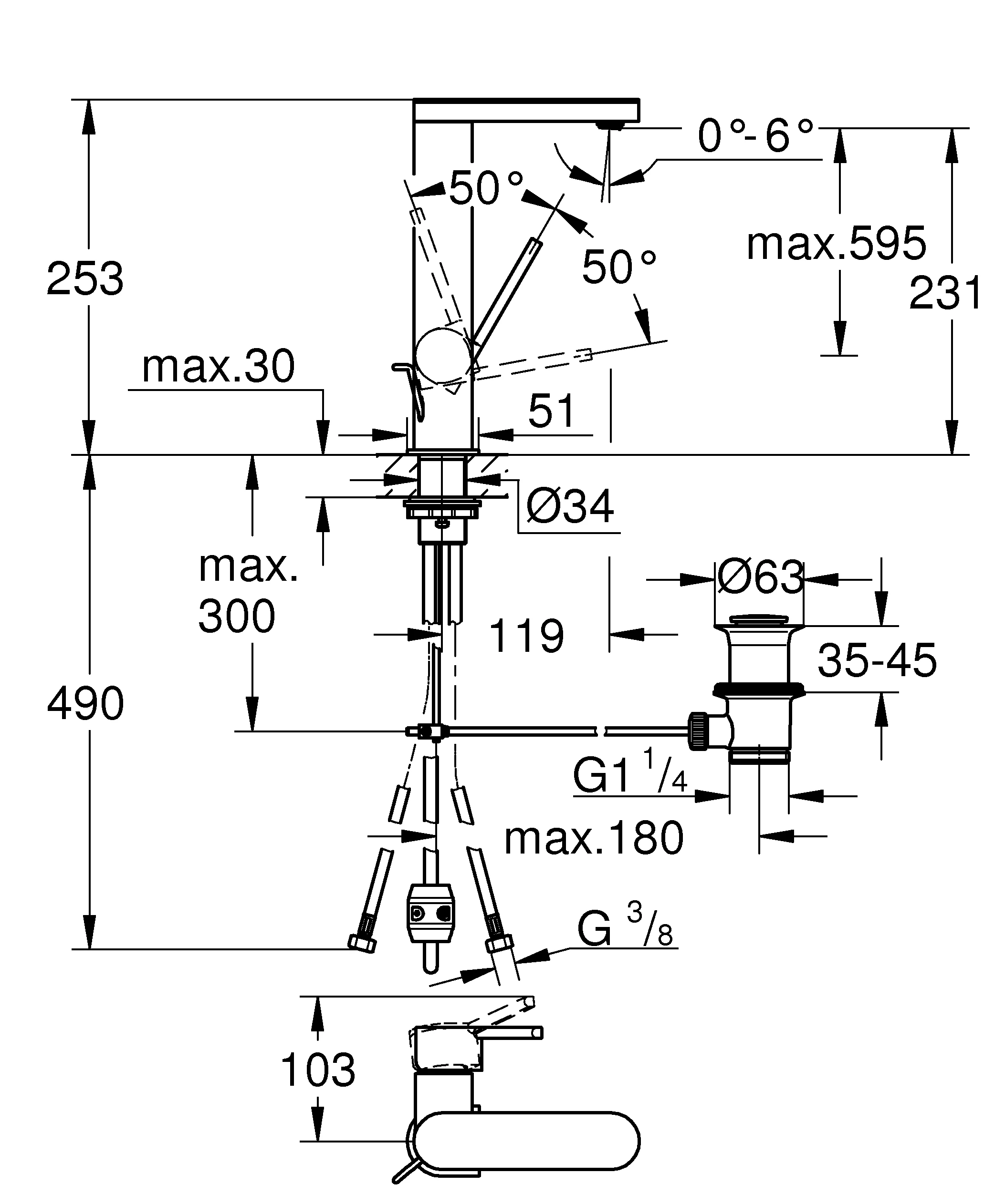 Einhand-Waschtischbatterie Plus 23843_3, L-Size, Einlochmontage, herausziehbarer Auslauf, Zugstangen-Ablaufgarnitur 1 1/4″, chrom