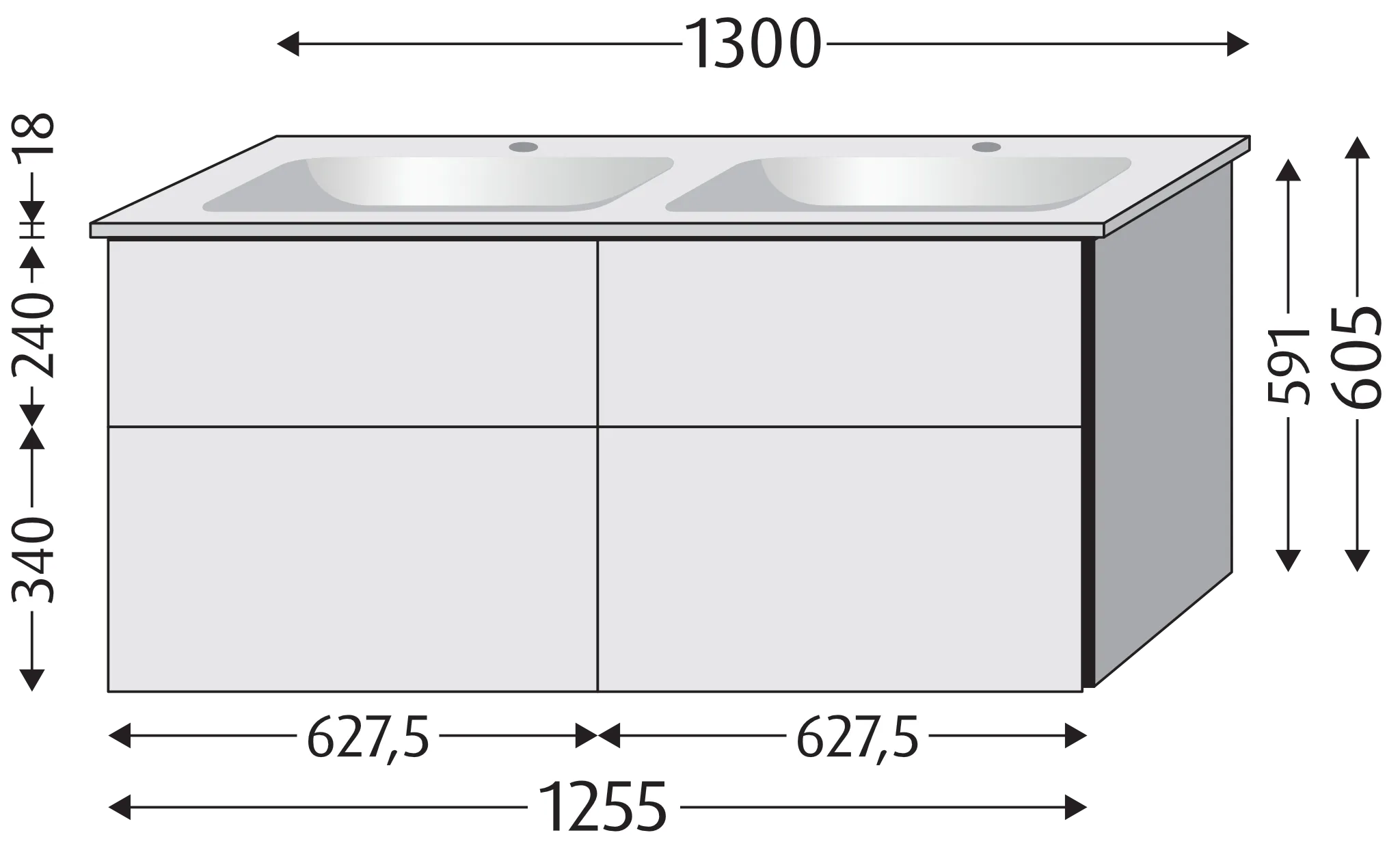 Waschtischunterbau mit Auszügen 3way (BS338) 591x1255x500 Schwarz-Matt