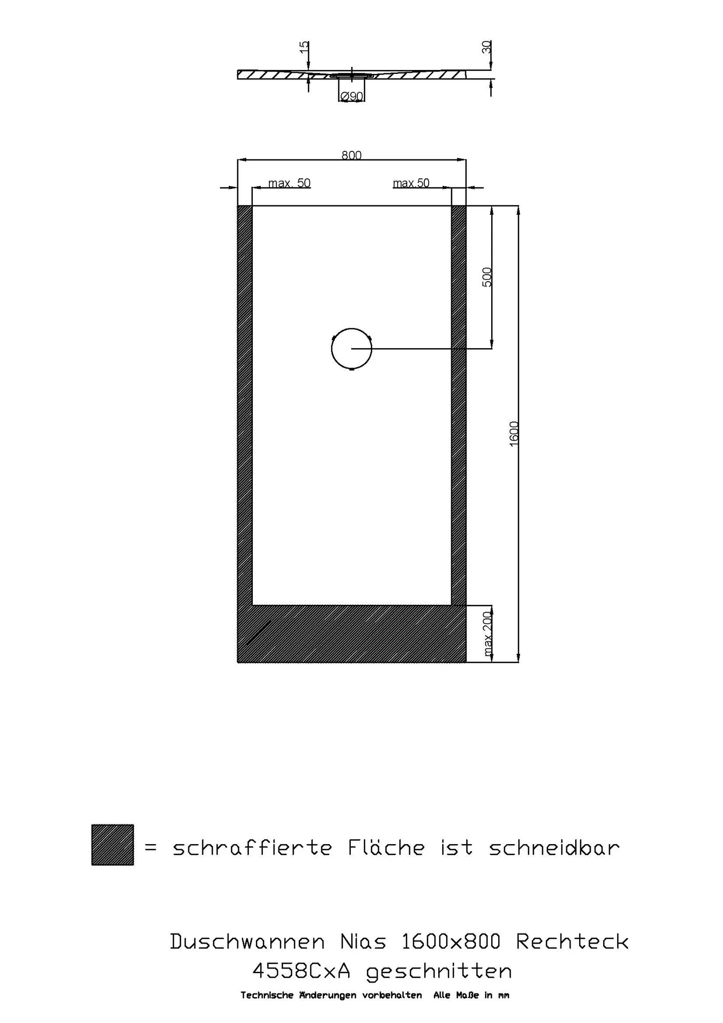 Hoesch Nias Duschwanne Mineralguss Solique, 1600x800x30, strukturierte Oberfläche, Weiß