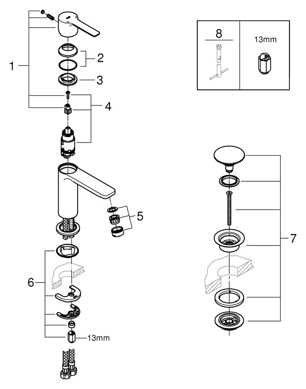 Einhand-Waschtischbatterie Lineare 23791_1, XS-Size, Einlochmontage, glatter Körper, Push-open Ablaufgarnitur 1 1/4″, chrom