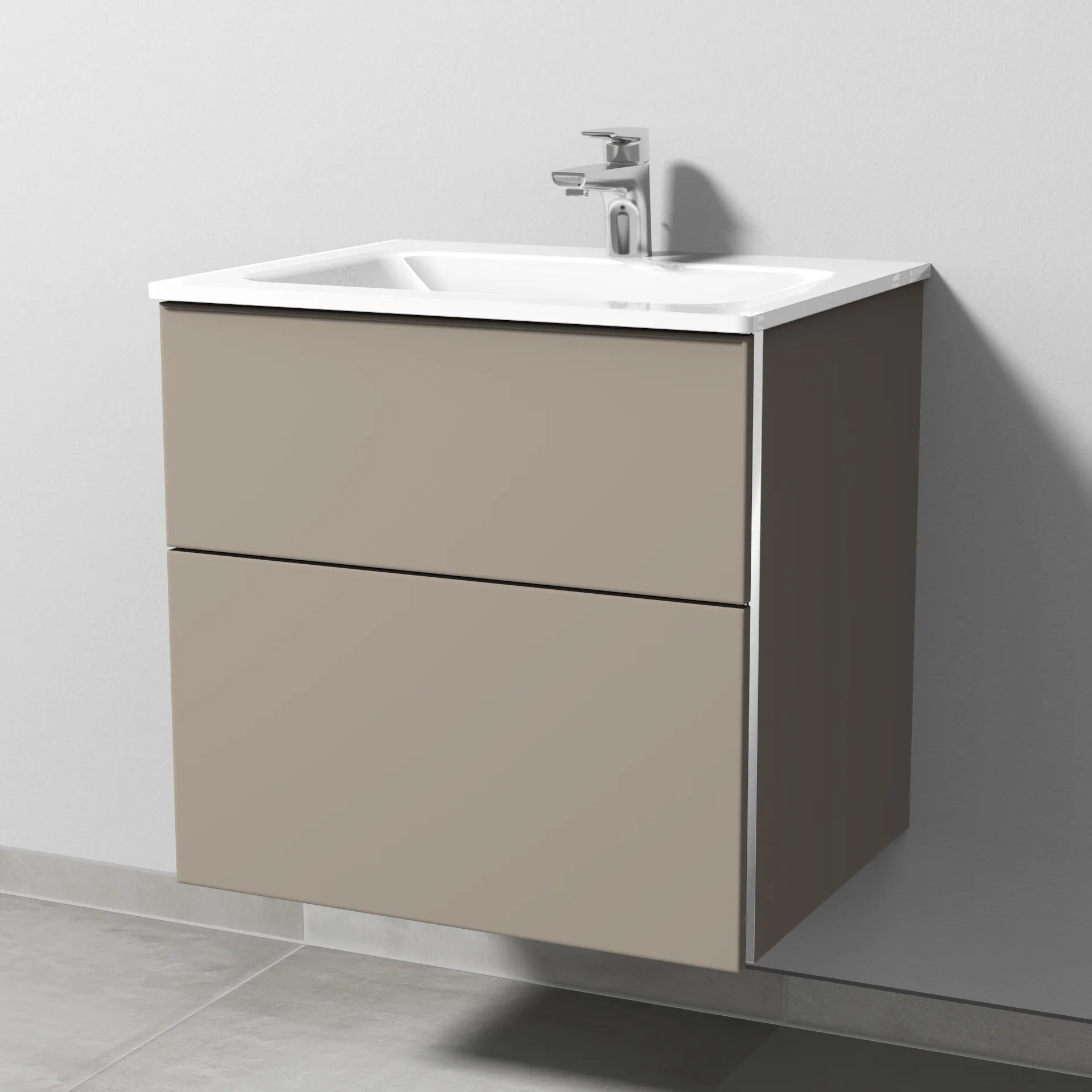 Sanipa Glas-Waschtisch-Waschtischunterschrank mit Waschtischunterschrank „3way“ 600 × 582 × 487 mm in Sandgrau (matt), mit Hahnlochbohrung