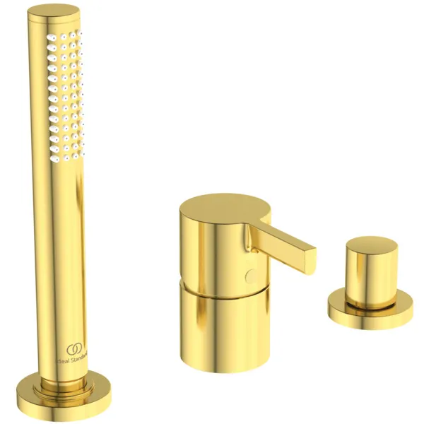 3-Loch Wannenrandarmatur Joy, ohne Auslauf, mit Stab-Handbrause und Umsteller, Brushed Gold