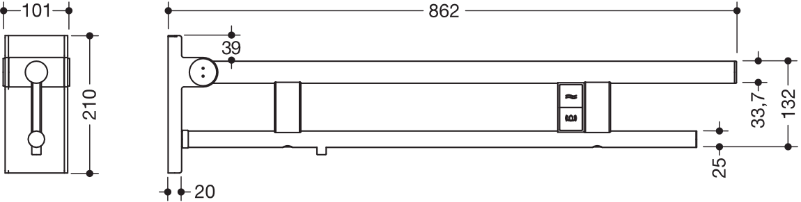 Stützklappgriff Duo, Design A des Systems 900, Edelstahl, PVD, Ausladung 850 mm, mit Spül-/Funktionstasten (E-Ausführung), Ausführung links, in Farbe CK (messing glänzend)