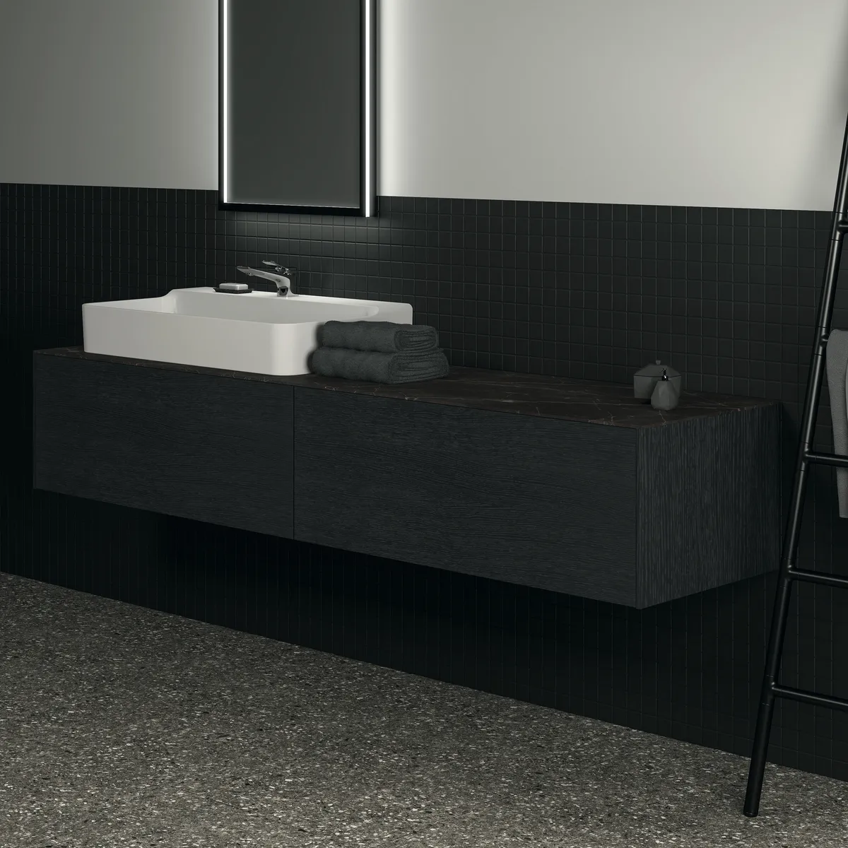 Waschtischplatte Conca, aus Keramik, 1987x505x6mm, Marmor Noir Desir