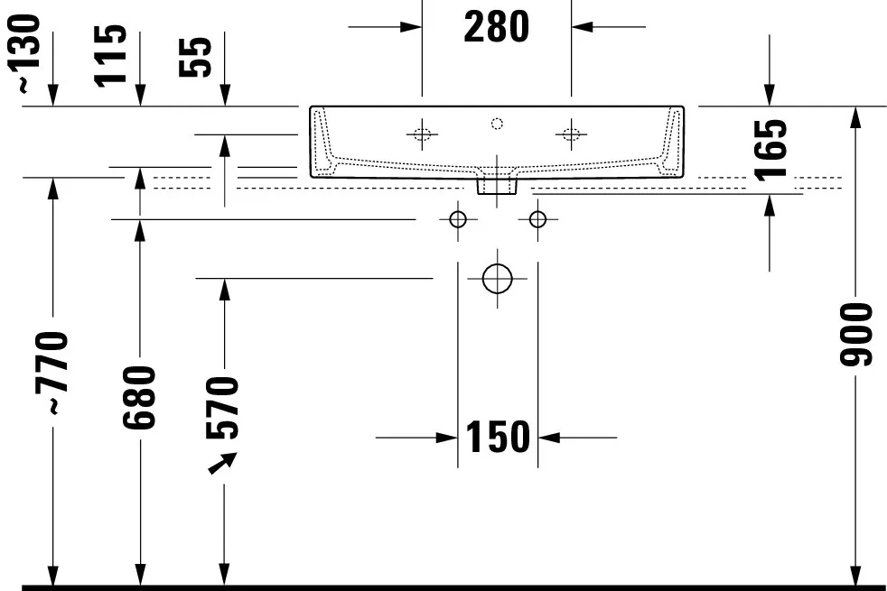 Wandwaschtisch geschliffen „Vero Air“, mit Überlauf, Hahnlochposition mittig