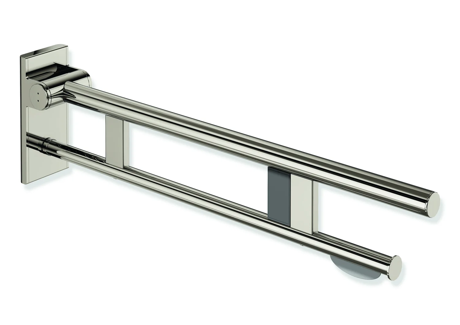 HEWI Stützklappgriff Duo System 900, Design A, Edelstahl PVD nickelglänzend, Ausladung 750 mm, mit WC-Papierhalter und Funk-Spülauslösung, rechts