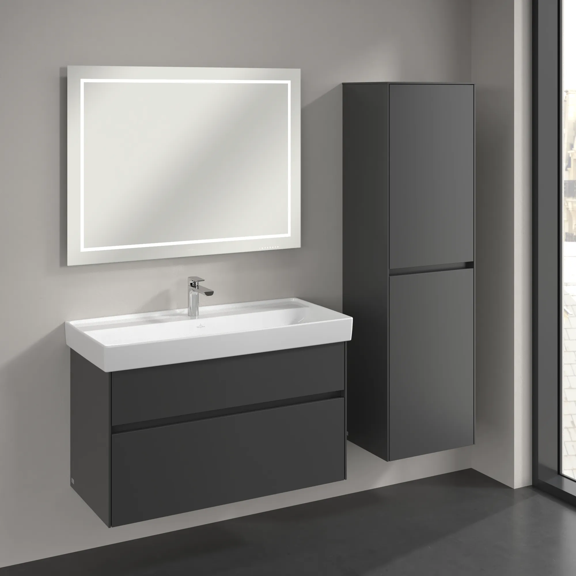 Villeroy & Boch Hochschrank mit Wäschekorb „Collaro“ 45,4 × 153,8 × 34,9 cm ohne Beleuchtung, Anschlag rechts, 1 Tür