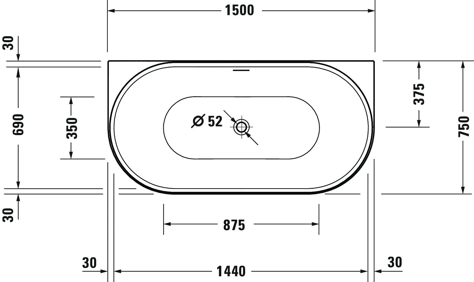 Duravit Badewanne „DuraSenja“ vorwand oval 150 × 75 cm, mittig