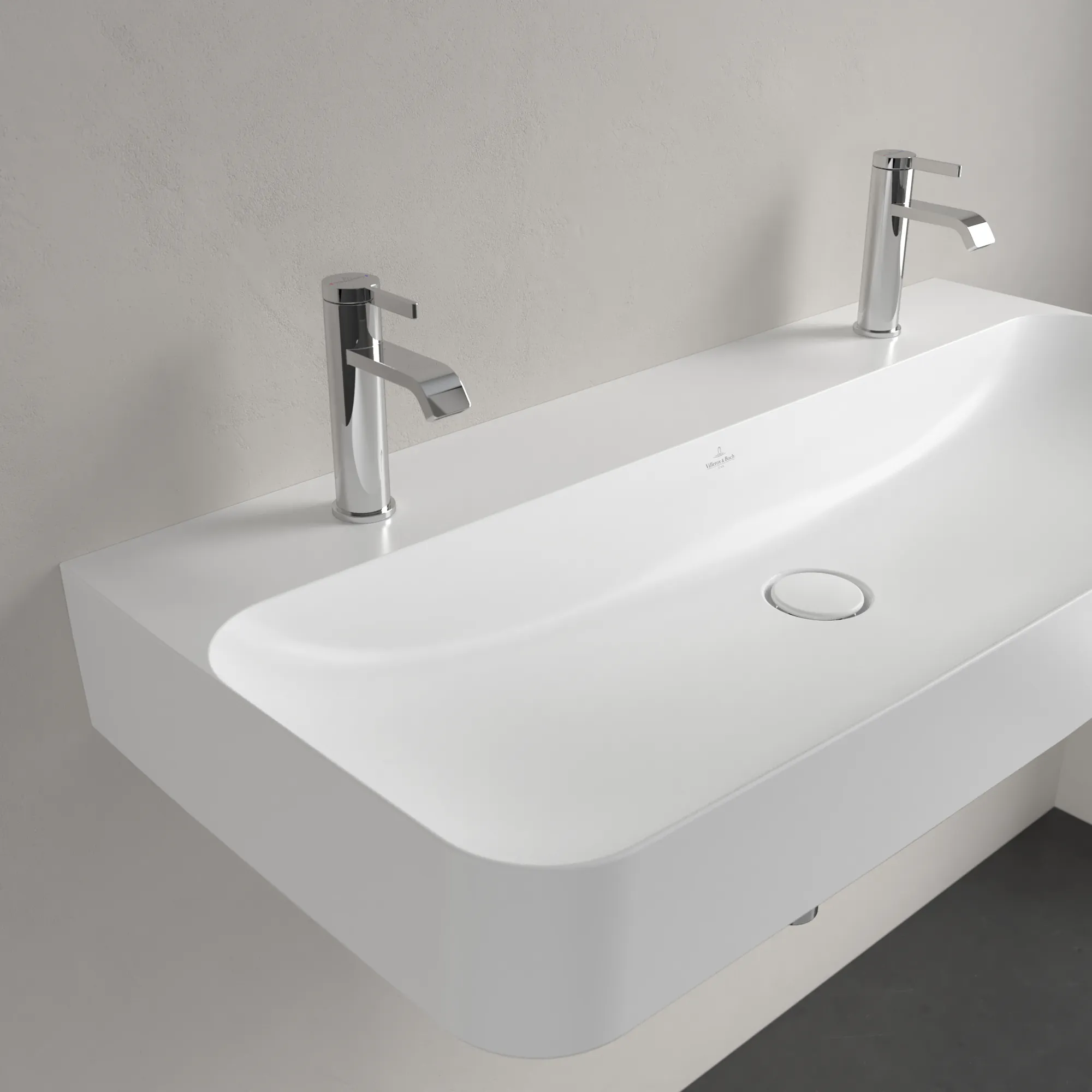 Villeroy & Boch Wandwaschtisch aus TitanCeram „Finion“ 1000 × 470 × 165 mm, Hahnlochposition links und rechts, mit Hahnlochbohrung in Stone White, mit CeramicPlus Villeroy & Boch Wandwaschtisch aus TitanCeram „Finion“ 1000 × 470 × 165 mm, Hahnlochposition links und rechts, mit Hahnlochbohrung in Stone White, mit CeramicPlus