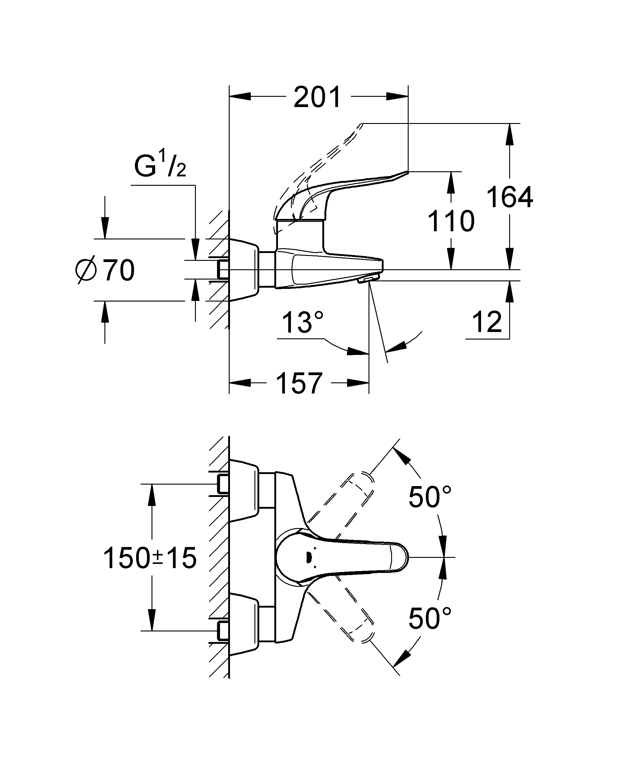 Einhand-Waschtischbatterie Euroeco Special 32776, Wandmontage, Ausladung 157 mm, 46 mm Keramikkartusche, Hebellänge 120 mm, chrom