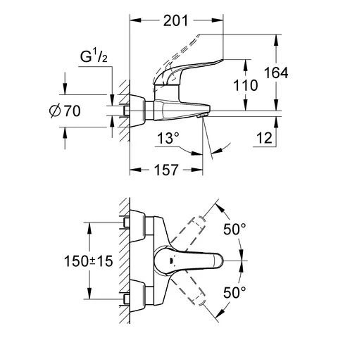 Einhand-Waschtischbatterie Euroeco Special 32776, Wandmontage, Ausladung 157 mm, 46 mm Keramikkartusche, Hebellänge 120 mm, chrom Einhand-Waschtischbatterie Euroeco Special 32776, Wandmontage, Ausladung 157 mm, 46 mm Keramikkartusche, Hebellänge 120 mm, chrom
