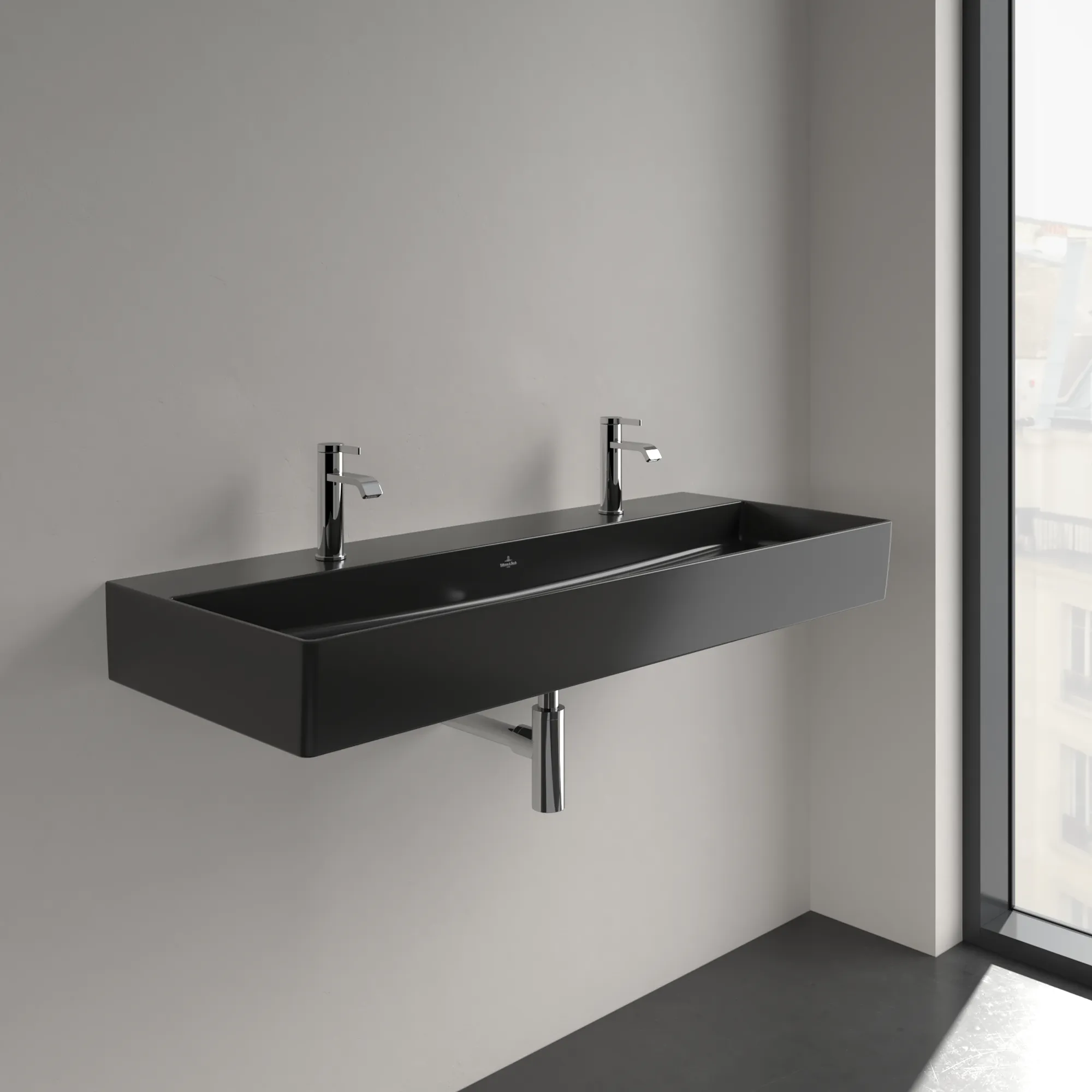 Villeroy & Boch Wandwaschbecken Memento 2.0 Pure Black CeramicPlus 1200x470x150mm TitanCeram, matt, 2x 1-Loch Armaturen, Wandmontage Villeroy & Boch Wandwaschbecken Memento 2.0 Pure Black CeramicPlus 1200x470x150mm TitanCeram, matt, 2x 1-Loch Armaturen, Wandmontage