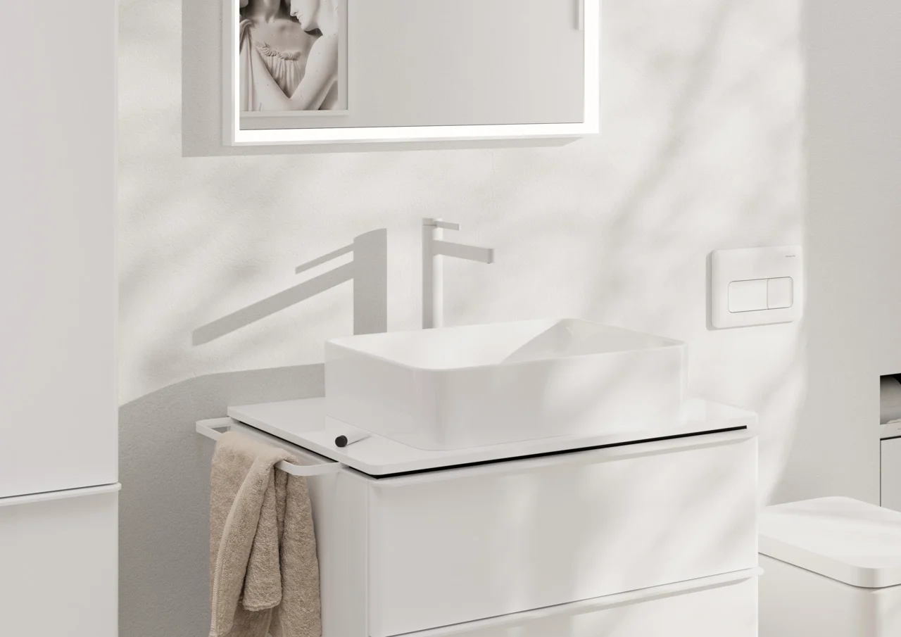 Hansgrohe Einhebel-Waschtischmischer Finoris 76072XXX, Mattweiß, Ausladung 208 mm, Auslaufhöhe 264 mm, Laminarstrahl, Push-Open Ablaufgarnitur G 11/4