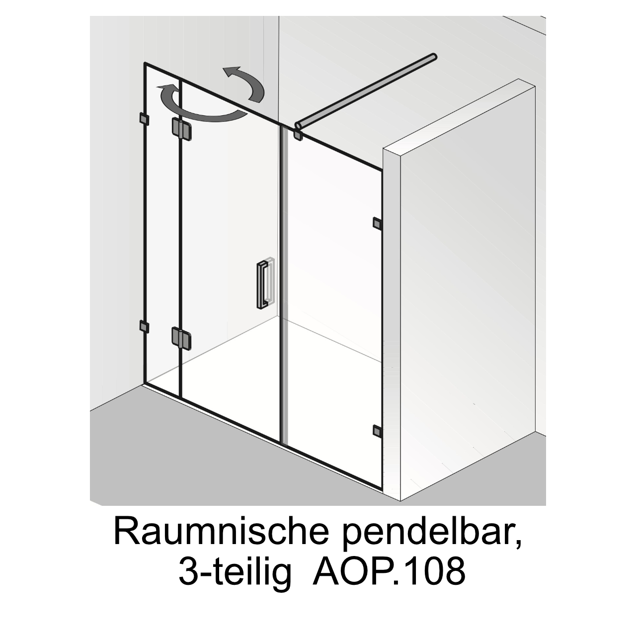 HSK Duschabtrennung Raumnische pendelbar 3-teilig links „Aperto Pur“ Glas Mattglas, Scharniere Chromoptik (Alu Hochglanz poliert)