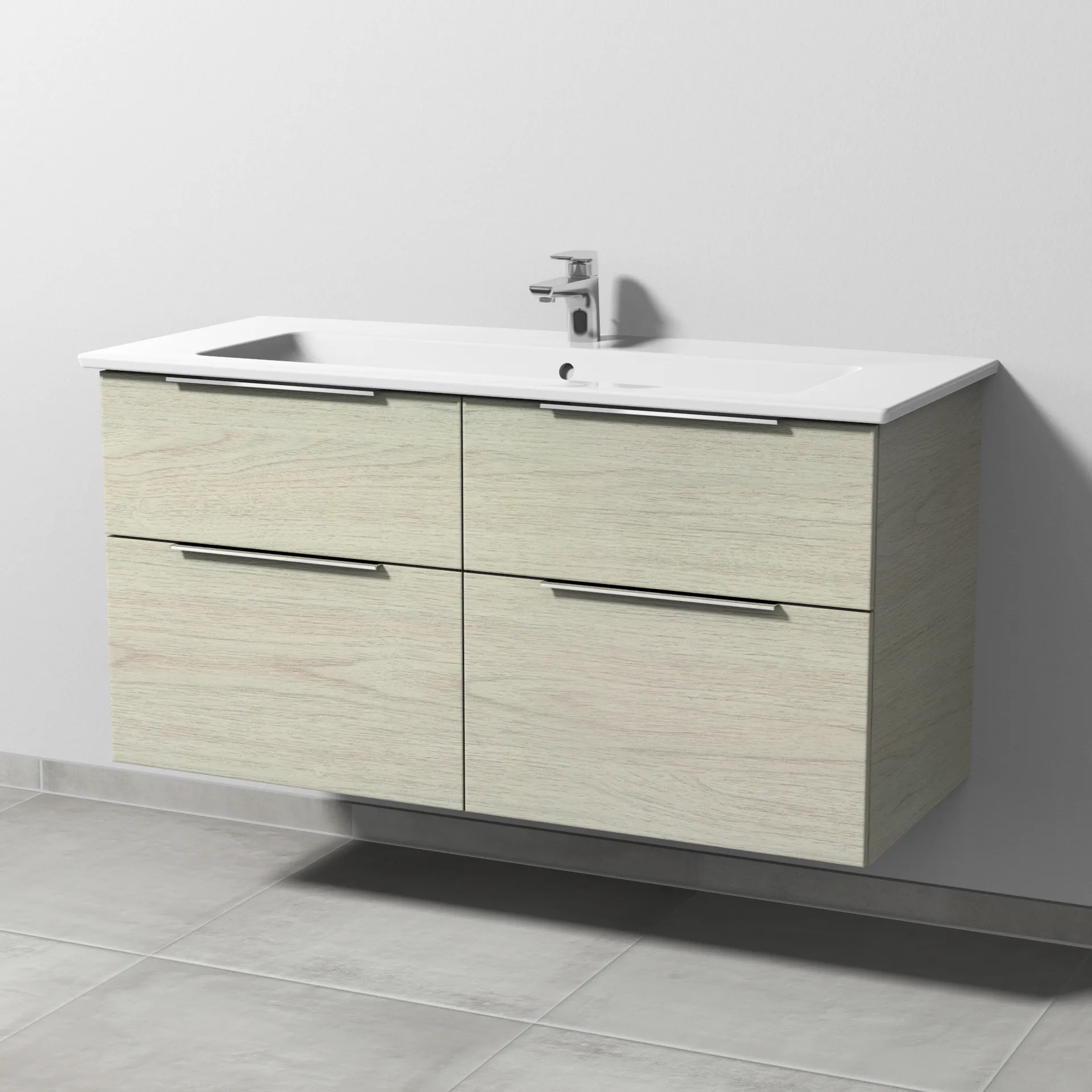 Keramik-Waschtisch-Set mit Waschtischunterschrank „3way“ 115,5 × 47,7 × 59,1 cm in White Oak, mit Hahnlochbohrung, Becken mittig