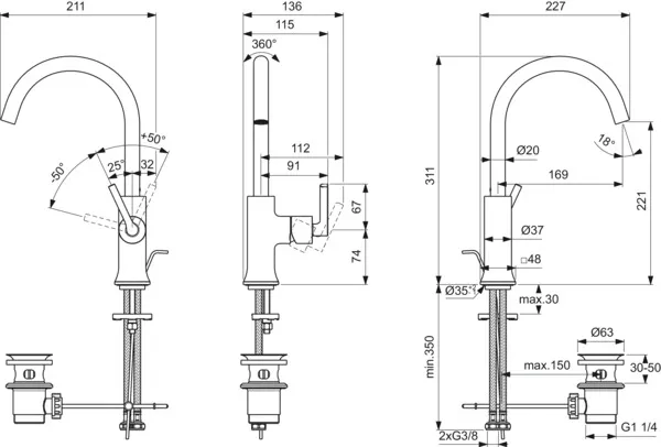 Waschtischarmatur Joy Neo mit Ablaufgarnitur Ausladung 169mm Hebelgriffe Magnetic Grey Waschtischarmatur Joy Neo mit Ablaufgarnitur Ausladung 169mm Hebelgriffe Magnetic Grey
