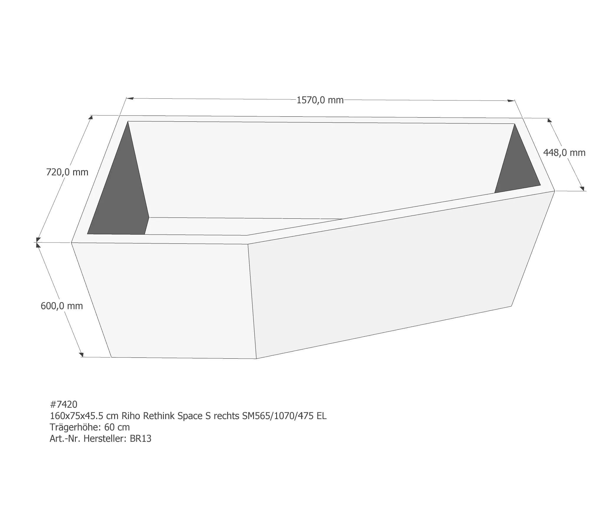 Badewannenträger passend für Riho Rethink Space S rechts 160 × 75 × 45,5 cm