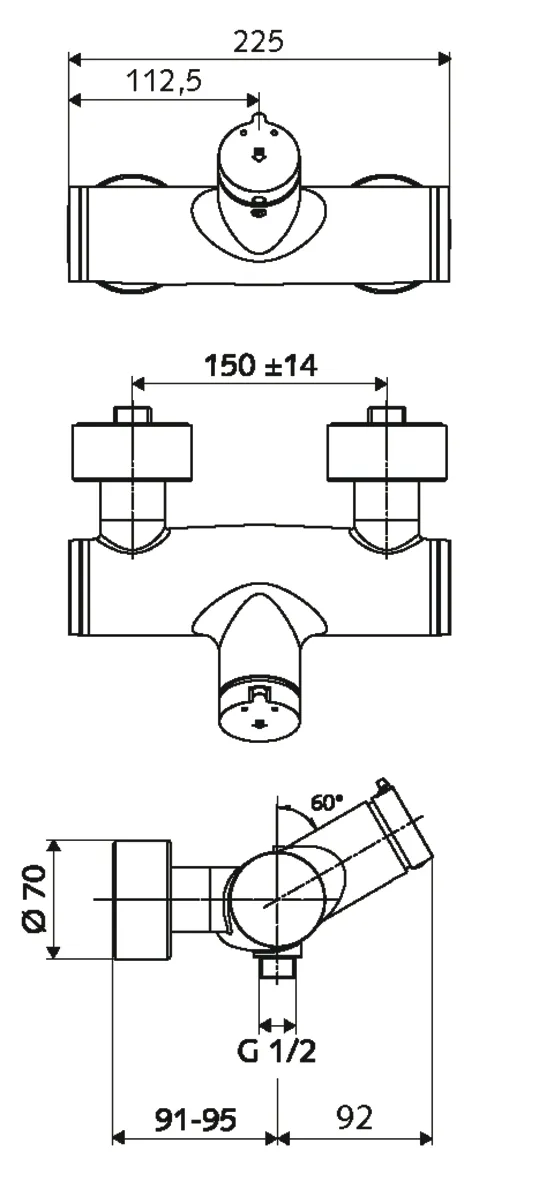 Aufputz-Duscharmatur VITUS VD-SC-M / u, Mischwasser, Selbstschluss-Aufputz-Duscharmatur, 2 RFV, 2x DN 15 G 1/2 AG, DN 15 G 1/2 AG (unten), chrom