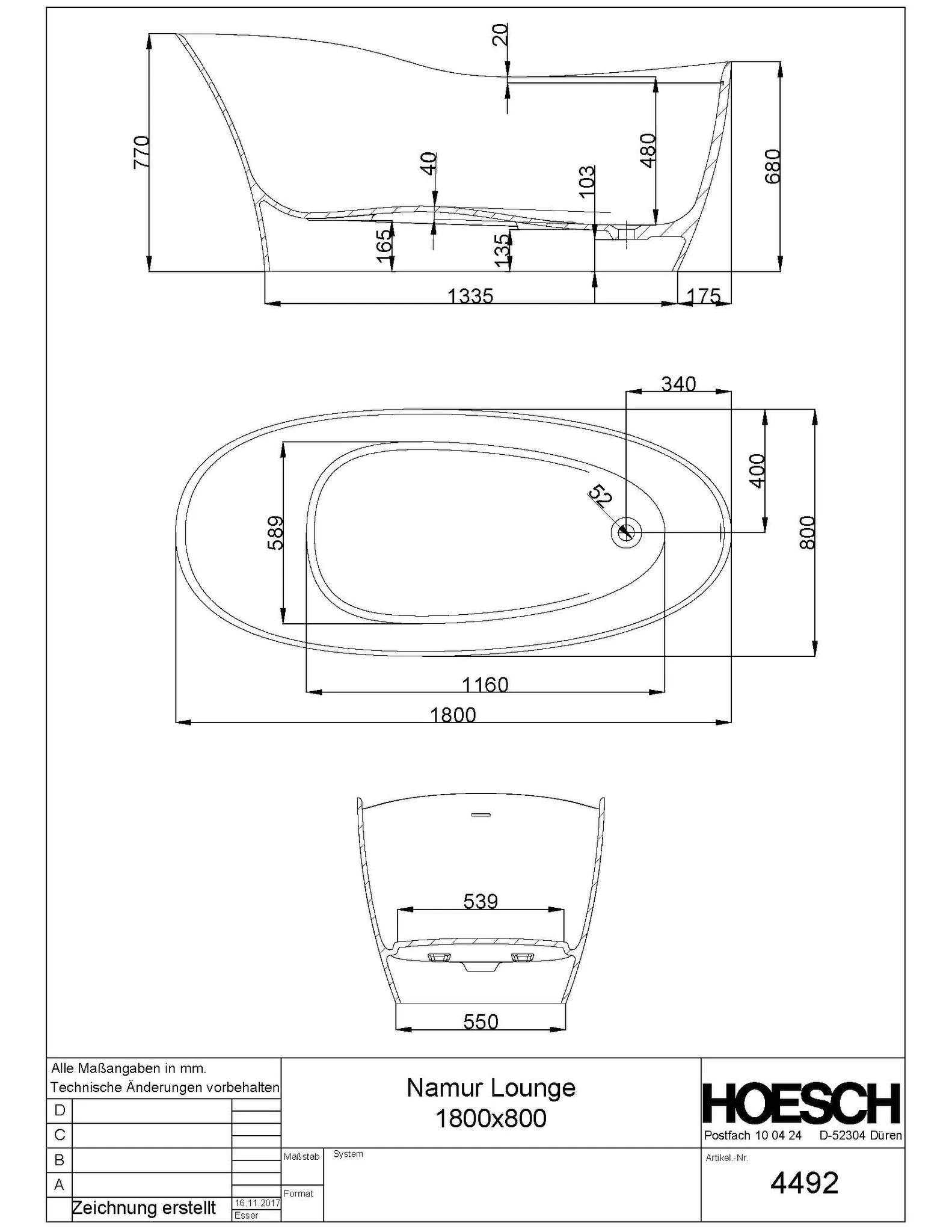 Hoesch Badewanne „Namur Lounge“ freistehend oval 180 × 80 cm in Weiß Matt