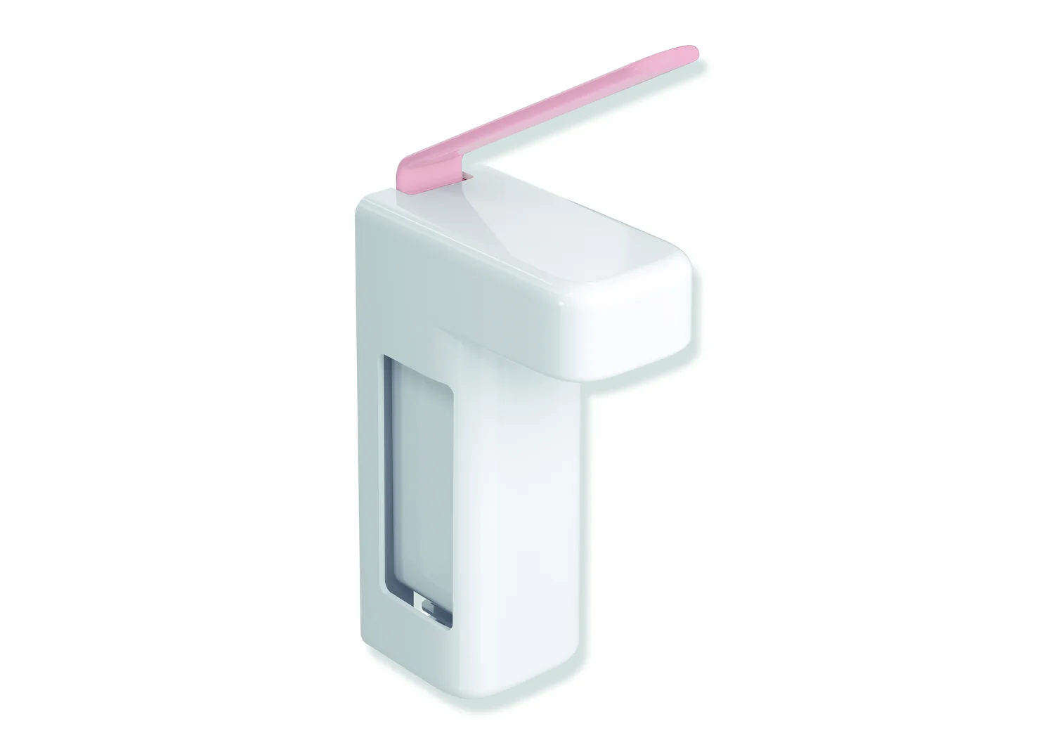 HEWI Desinfektionsmittel-Seifenspender Serie 477, Korpus Signalweiß (Farbe 98), Hebel rosa, 88 mm breit, 358 mm hoch, 187 mm tief