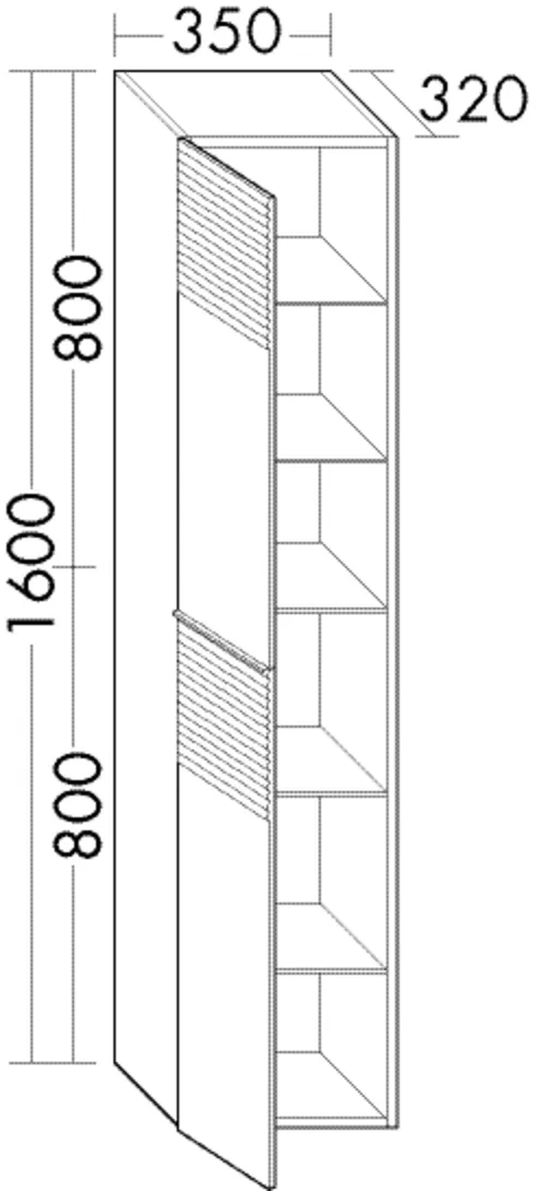 Hochschrank, 1 Tür oben mit Plisséestruktur inkl. Tip-On-Technik;1 Tür unten mit Plisséestruktur;4 Glaseinlegeböden;1 fester Boden, Tiefe: 320 mm, Breite: 350 mm, Höhe: 1600 mm