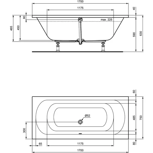 Badundu Badewanne rechteck 1700 × 750 mm, Mittelablauf