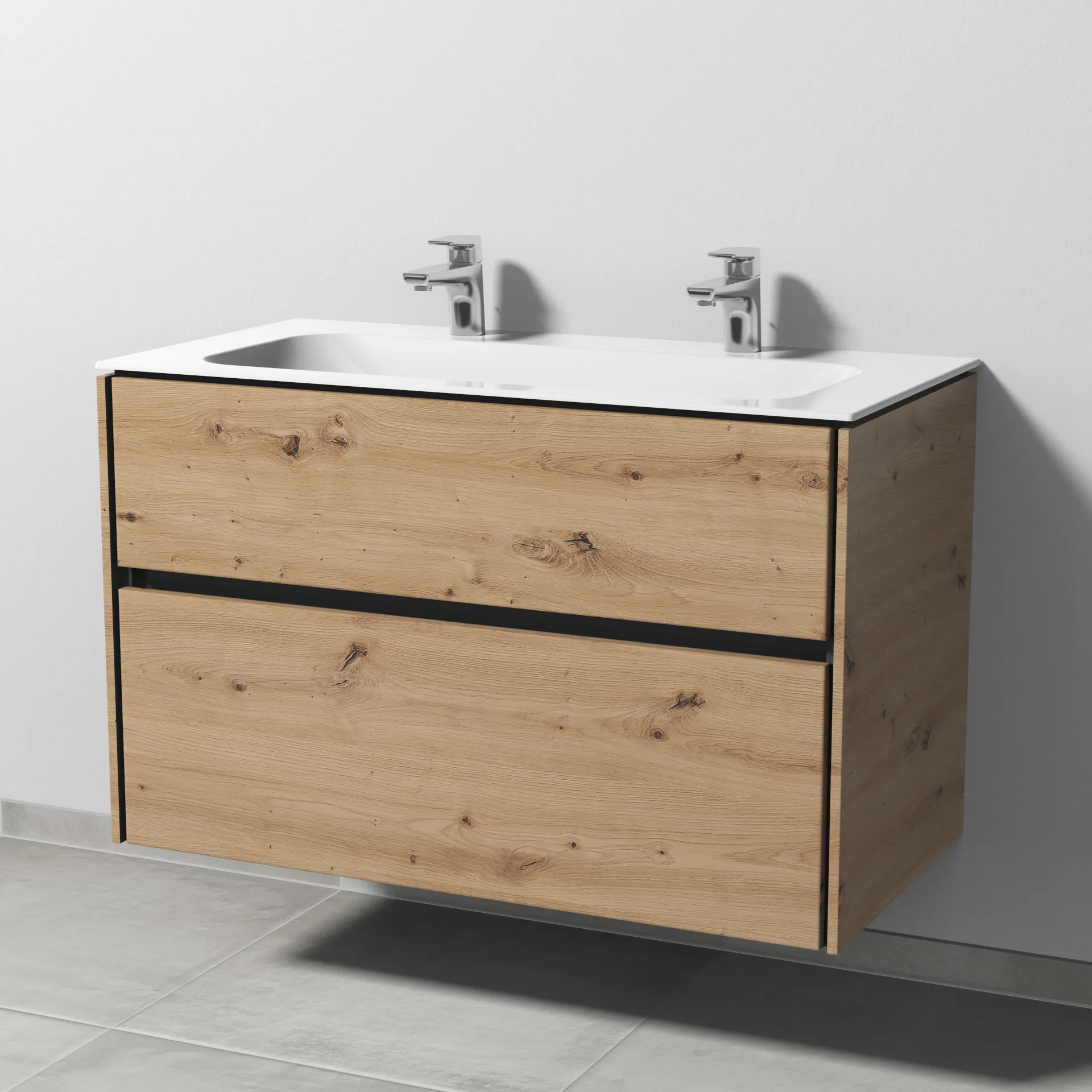 Keramik-Waschtisch-Set mit Waschtischunterschrank „Twiga“ 99 × 50 × 61 cm in Eiche Natural-Touch, ohne Beleuchtung, mit Hahnlochbohrung Keramik-Waschtisch-Set mit Waschtischunterschrank „Twiga“ 99 × 50 × 61 cm in Eiche Natural-Touch, ohne Beleuchtung, mit Hahnlochbohrung