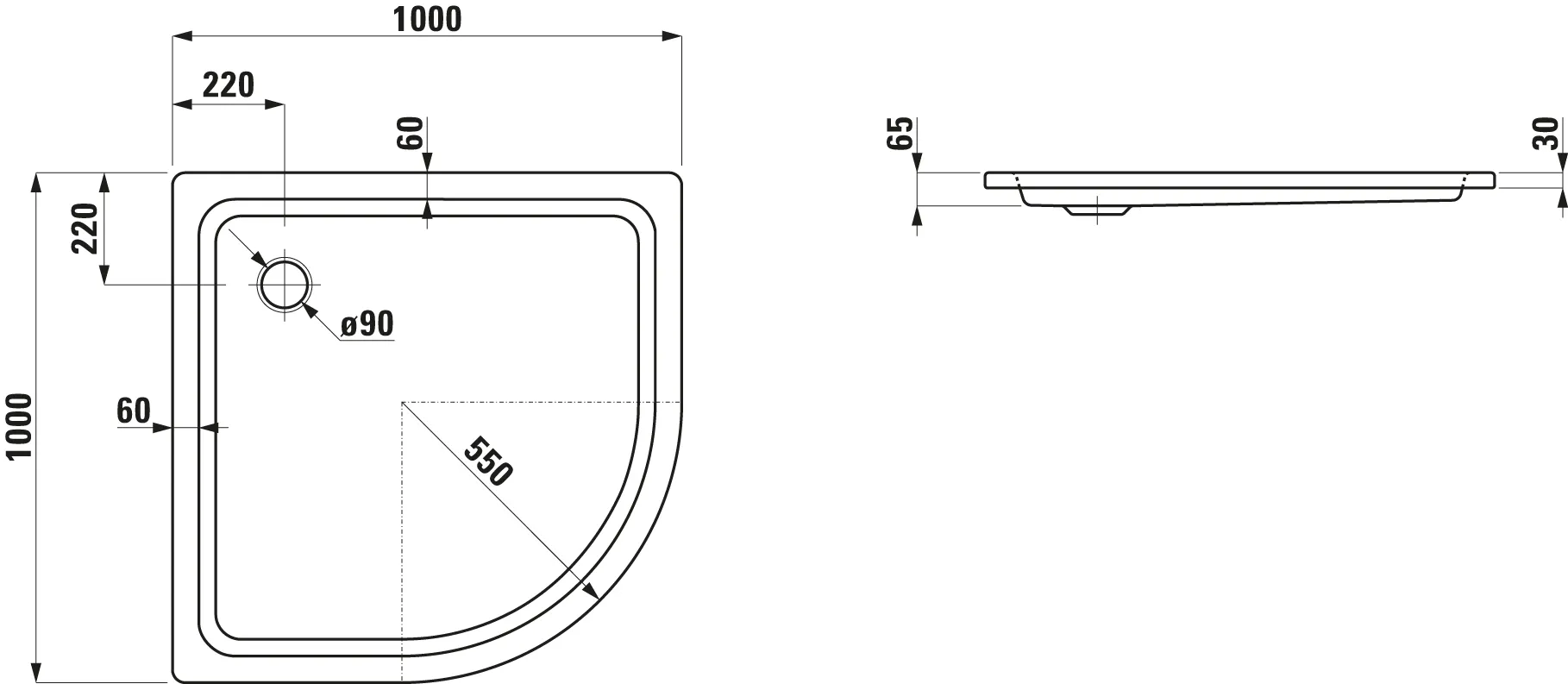Laufen quadrat Duschwanne „Platina“ 1000 × 1000 mm mit Antislip, ohne Oberflächenveredelung, in Weiß