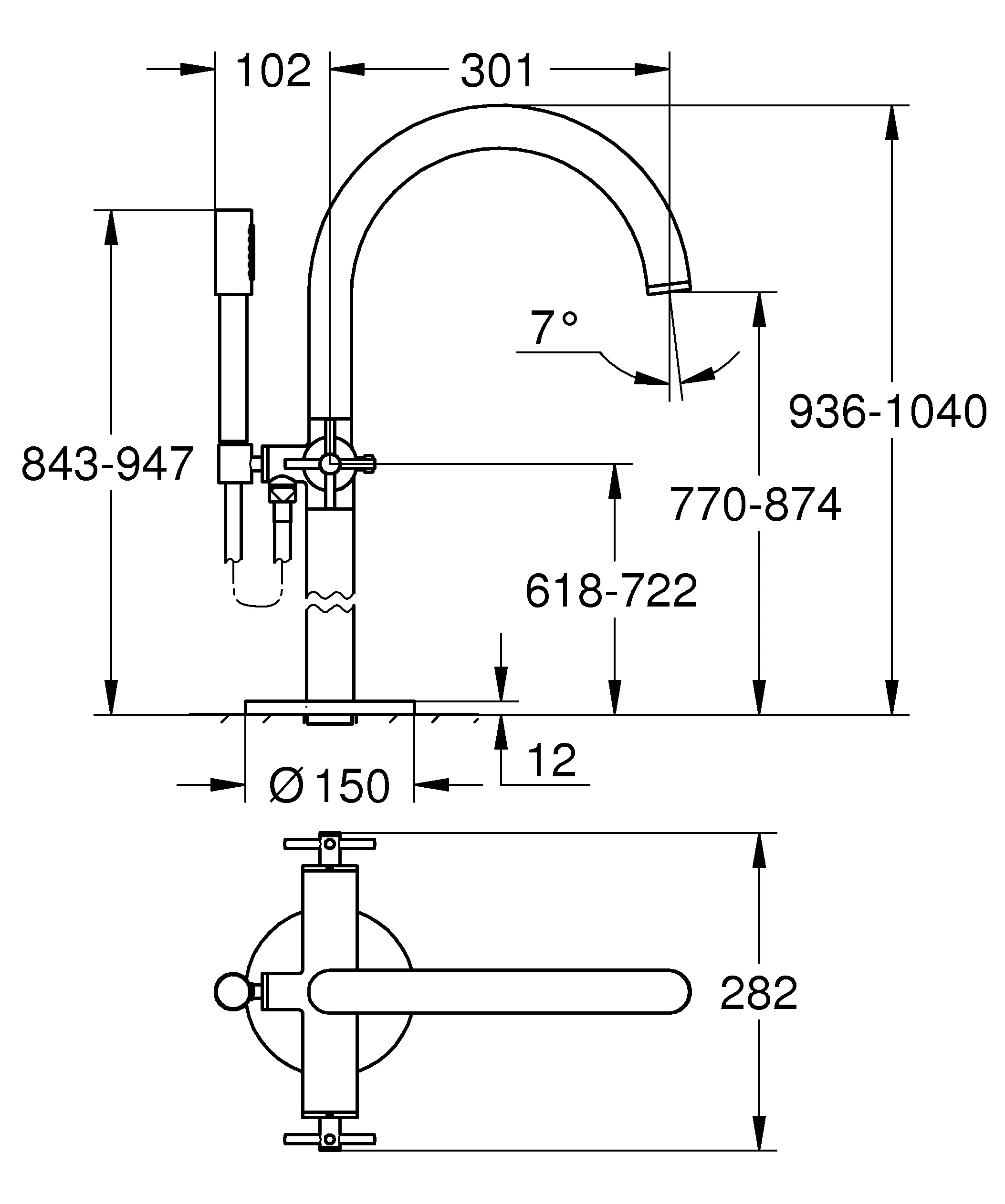 Wannenbatterie Atrio 25272, Bodenmontage, Fertigmontageset für 45 984, eigensicher, mit Kreuzgriffen, mit Handbrauseset, chrom