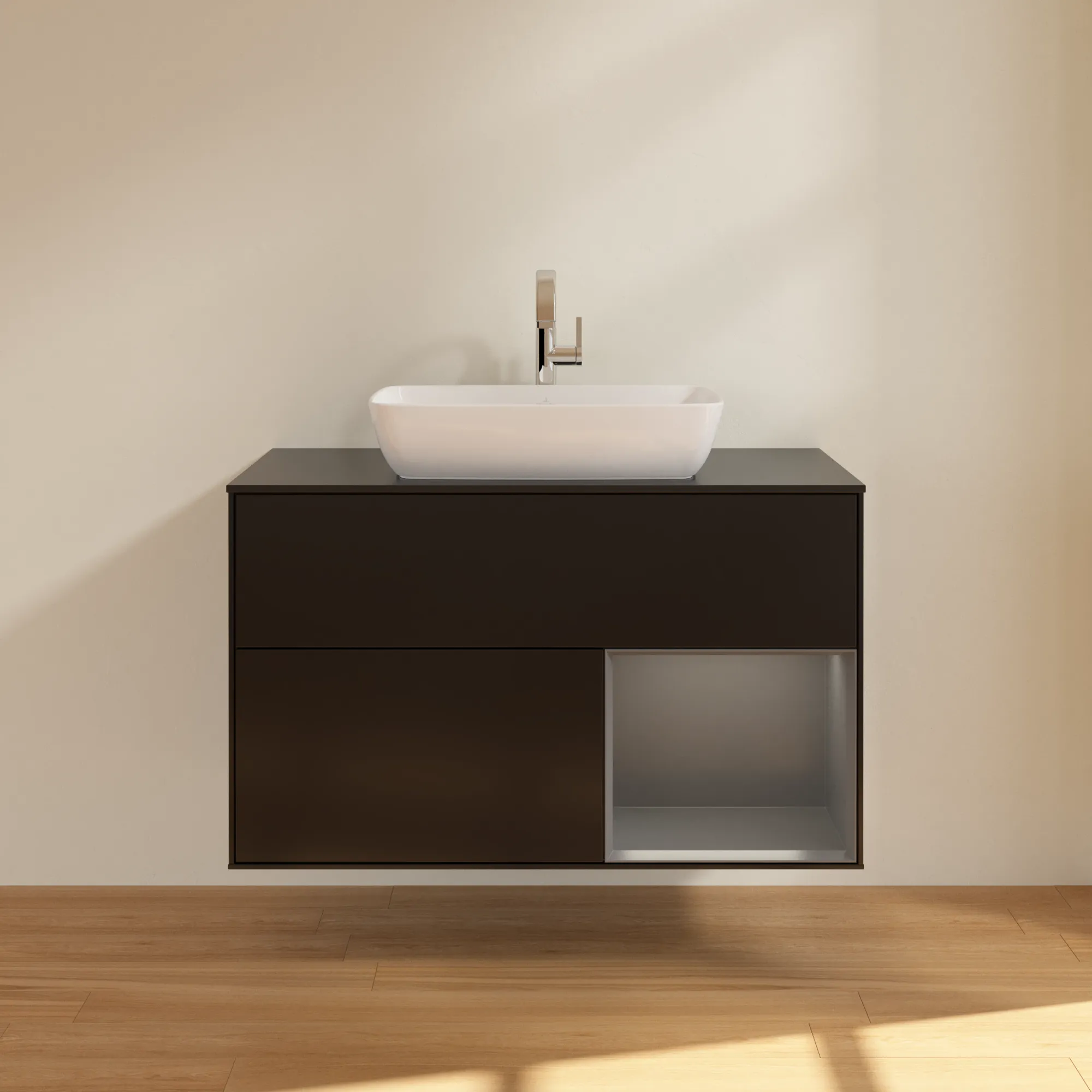 Villeroy & Boch Waschbeckenunterschrank Finion F78, 1000 x 603 x 501 mm, Black Matt Lacquer, mit Beleuchtung und Push-to-open Funktion