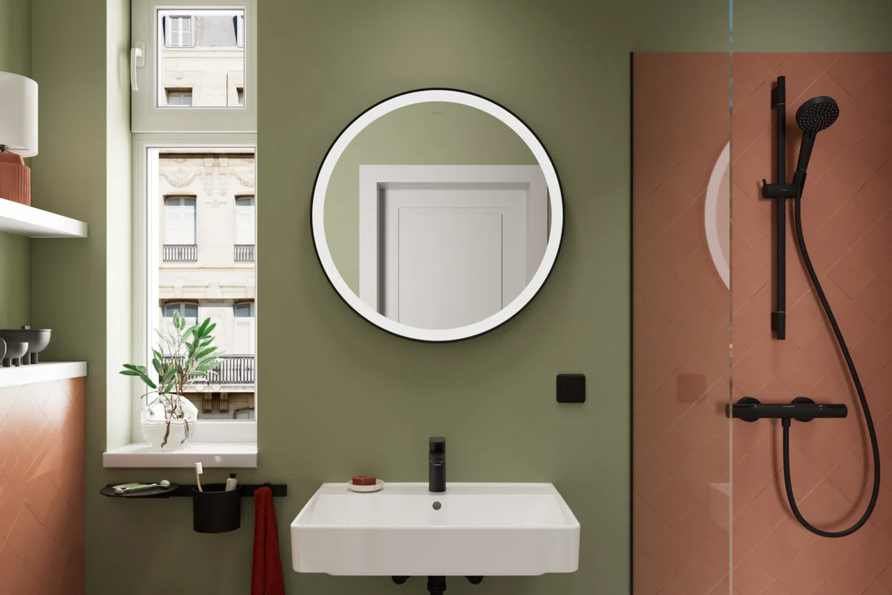 Hansgrohe Xarita Lite S Spiegel mit runder LED-Beleuchtung, mattschwarz, Maße 700 x 700 x 30 mm