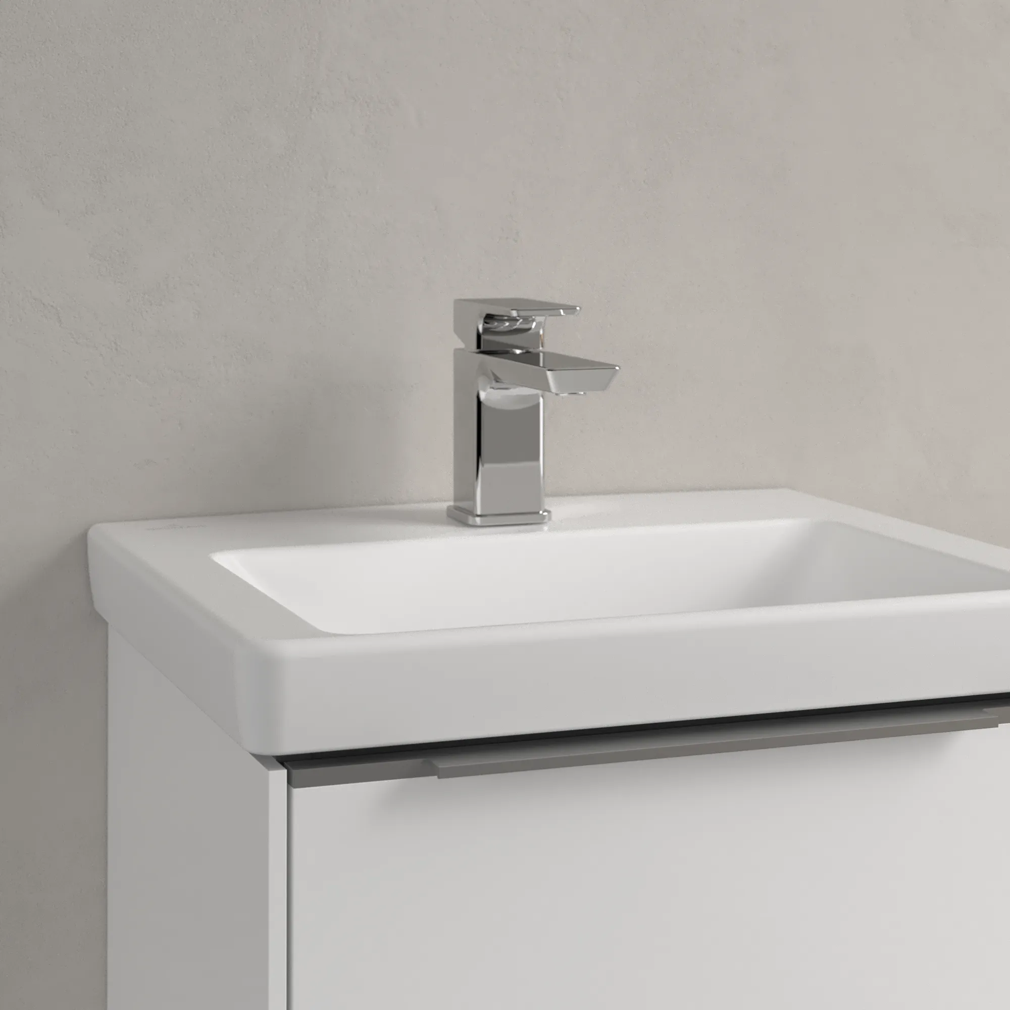 Villeroy & Boch Handwaschbecken für Montage mit Möbel „Subway 3.0“ 450 × 370 × 145 mm, mit Hahnlochbohrung, Hahnlochposition mittig in Stone White
