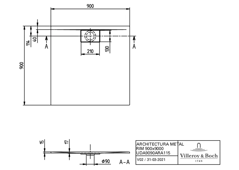 Villeroy & Boch quadrat Duschwanne Flächenbündiger Einbau „Architectura MetalRim“ Komplettset Aufbau auf Sockel 90 × 90 cm