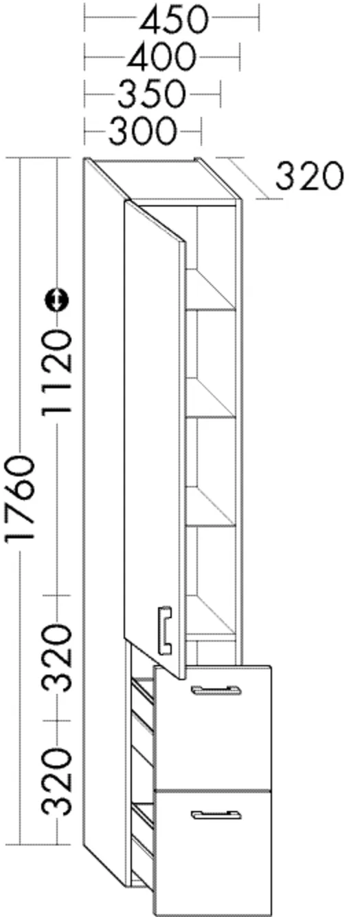 Hochschrank, 1 Tür;2 Auszüge;3 Glaseinlegeböden;1 fester Boden;1 Innenspiegel, Tiefe: 320 mm, Breite: 350 mm, Höhe: 1760 mm